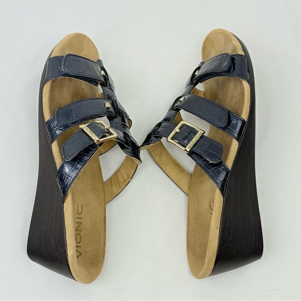 Vionic RADIA Blue Patent Reptile Embossed Triple T Strap Slide Wedge Sandals - Picture 9 of 14